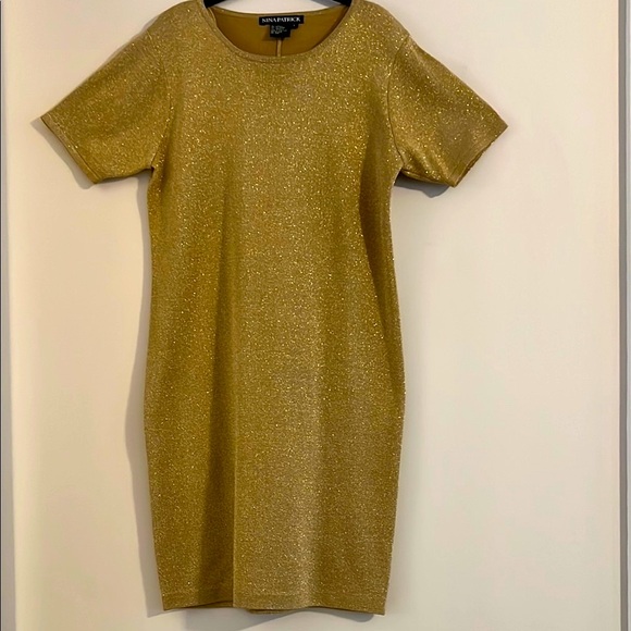 Nina Patrick Shimmering Gold Midi Dress Size L - Picture 1 of 6